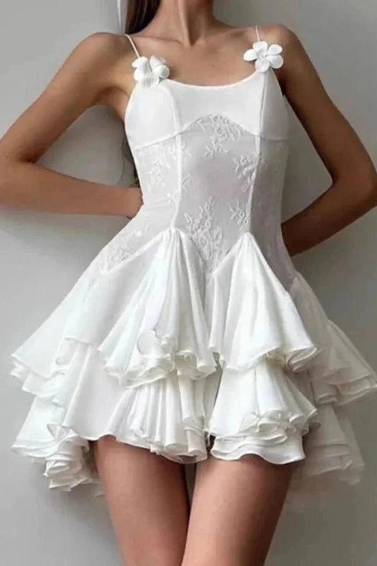 Stunning Homecoming Dress Spaghetti Strap Flower Cascade A-Line Back to School Outfits Party Dress D7933
