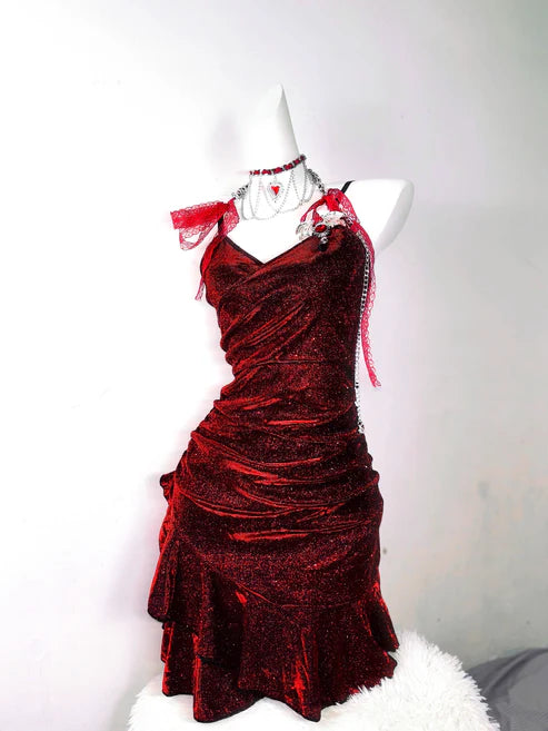 Retro Glitter Burgundy Spaghetti Strap 18th Birthday Party Dress Homecoming Dress D1527