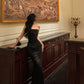 Vintage Black Strapless Floral Applique Design Elegant Sheath Evening Dress Prom Dress  D1578