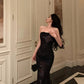 Vintage Black Strapless Floral Applique Design Elegant Sheath Evening Dress Prom Dress  D1578