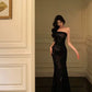 Vintage Black Strapless Floral Applique Design Elegant Sheath Evening Dress Prom Dress  D1578