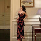 Vintage Spaghetti Strap V-neck Floral Butterfly Design Elegant Sheath Chiffon Evening Dress Prom Dress D1595