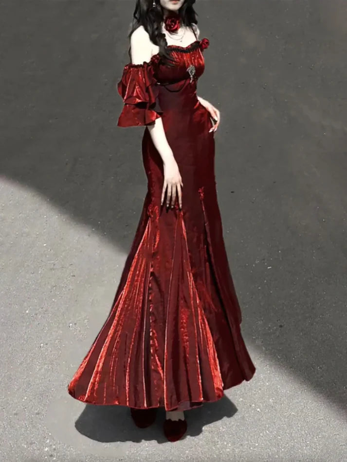 Vintage Burgundy Spaghetti Strap Mermaid Design Elegant Satin Evening Dress Prom Dress D1579