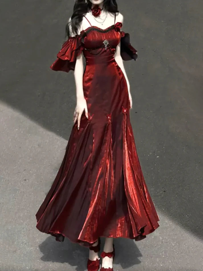 Vintage Burgundy Spaghetti Strap Mermaid Design Elegant Satin Evening Dress Prom Dress D1579