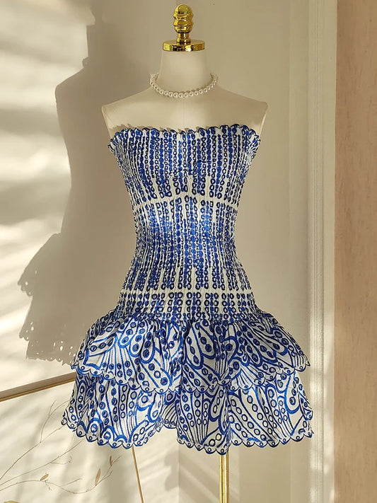Vintage Dark Blue Pattern Design Strapless Mini Party Dress Homecoming Dress D1524