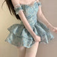 Retro Light Blue Floral Spaghetti Strap Design A-line Mini 16th Birthday Party Dress Tiered Homecoming Dress D1520