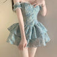 Retro Light Blue Floral Spaghetti Strap Design A-line Mini 16th Birthday Party Dress Tiered Homecoming Dress D1520