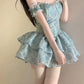 Retro Light Blue Floral Spaghetti Strap Design A-line Mini 16th Birthday Party Dress Tiered Homecoming Dress D1520