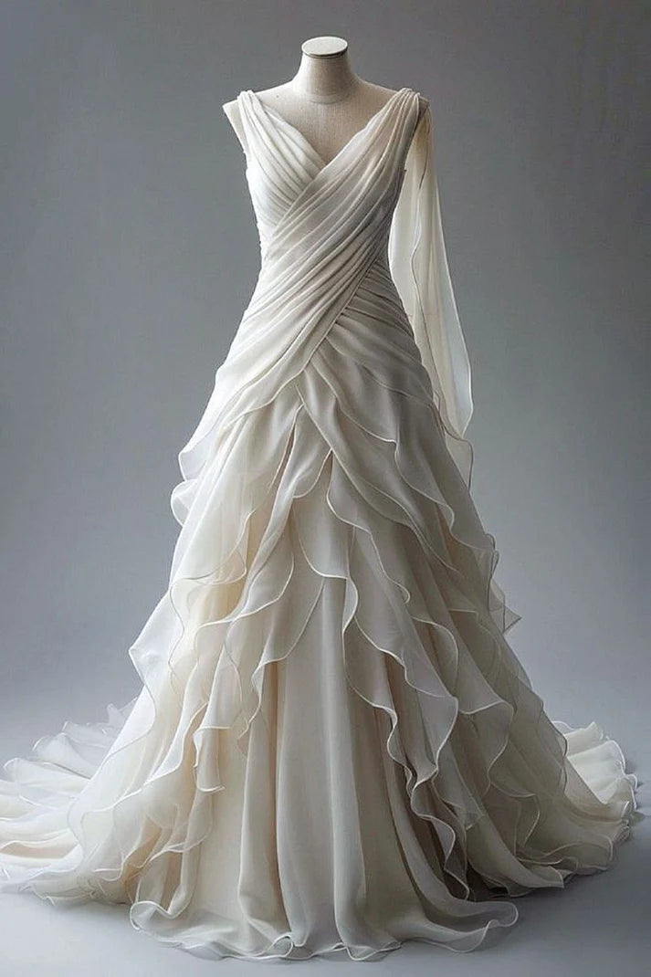 Vintage White V-neck Ruffle Design Beautiful A-Line Chiffon Wedding Dress, D1593
