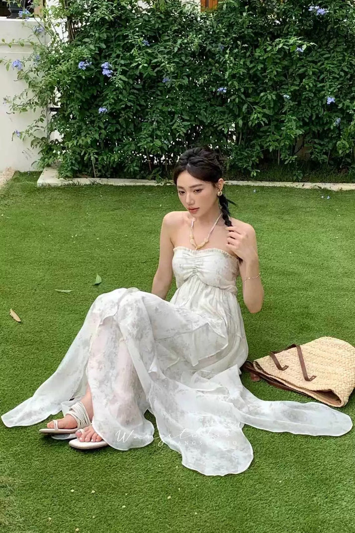 Floral Ruffle Design Halter Dress Elegant A-line Chiffon Evening Party Dress D1599