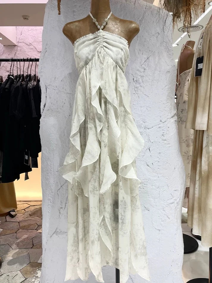 Floral Ruffle Design Halter Dress Elegant A-line Chiffon Evening Party Dress D1599