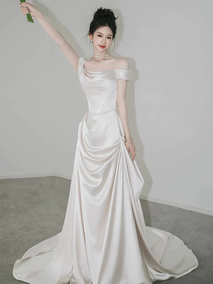 Retro Off-the-shoulder Floor Length Design Elegant Satin A-Line Wedding Dress, D1585