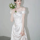 Retro Off-the-shoulder Floor Length Design Elegant Satin A-Line Wedding Dress, D1585