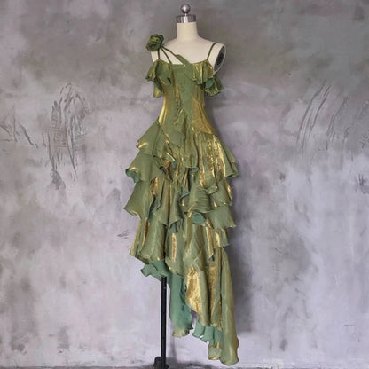 Retro Spaghetti Strap Irregular Ruffled Detachable Rose Design Elegant Satin Evening Dress Prom Dress D1583
