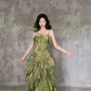 Retro Spaghetti Strap Irregular Ruffled Detachable Rose Design Elegant Satin Evening Dress Prom Dress D1583
