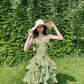 Retro Spaghetti Strap Irregular Ruffled Detachable Rose Design Elegant Satin Evening Dress Prom Dress D1583