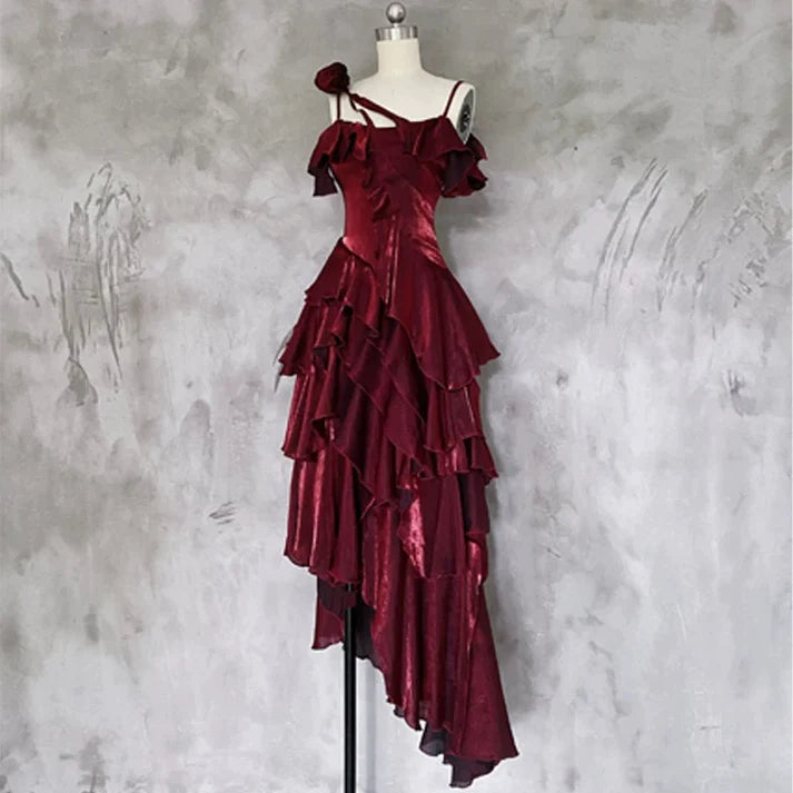 Retro Spaghetti Strap Irregular Ruffled Detachable Rose Design Elegant Satin Evening Dress Prom Dress D1583