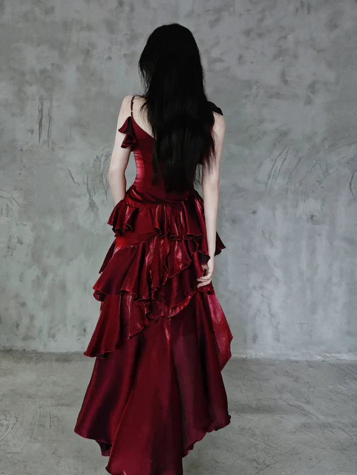 Retro Spaghetti Strap Irregular Ruffled Detachable Rose Design Elegant Satin Evening Dress Prom Dress D1583