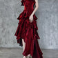Retro Spaghetti Strap Irregular Ruffled Detachable Rose Design Elegant Satin Evening Dress Prom Dress D1583