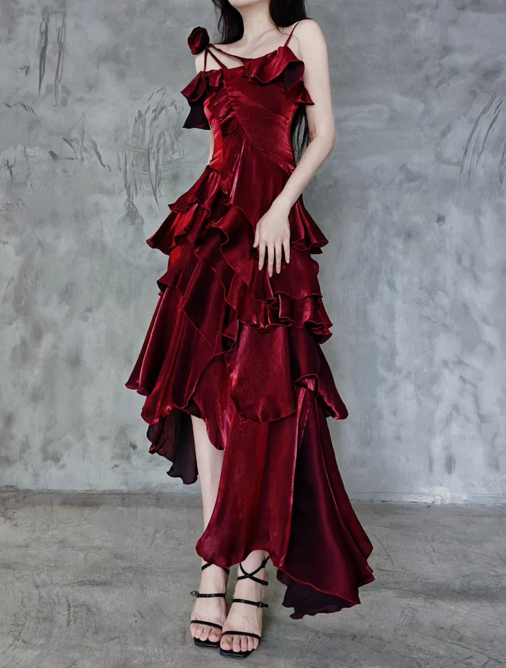 Retro Spaghetti Strap Irregular Ruffled Detachable Rose Design Elegant Satin Evening Dress Prom Dress D1583