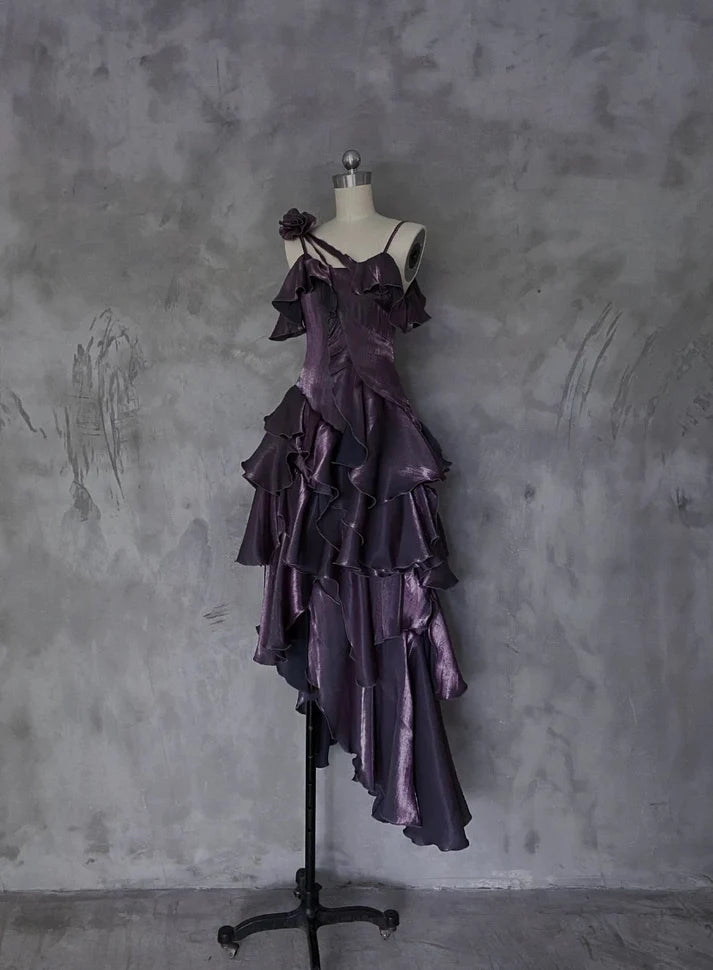 Retro Spaghetti Strap Irregular Ruffled Detachable Rose Design Elegant Satin Evening Dress Prom Dress D1583