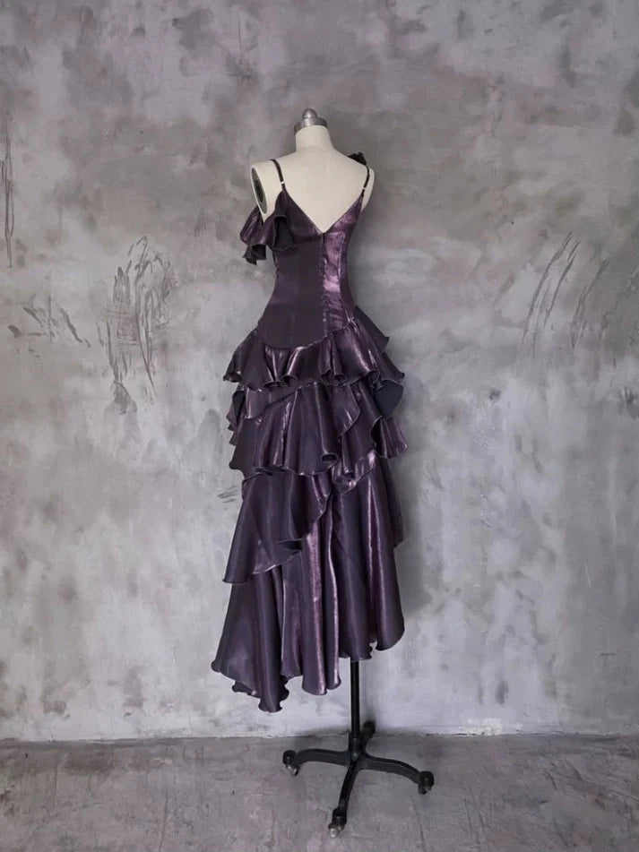 Retro Spaghetti Strap Irregular Ruffled Detachable Rose Design Elegant Satin Evening Dress Prom Dress D1583