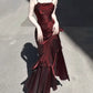 Vintage Burgundy Spaghetti Strap Ruffle Design Elegant A-line Evening Dress Prom Dress D1600