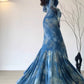 Vintage Blue Off-the-shoulder Floral Design Elegant Mermaid Chiffon Evening Dress Prom Dress D1596
