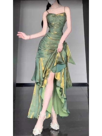 Vintage Green Spaghetti Strap Ruffle Design Elegant A-line Satin Evening Dress Prom Dress D1598