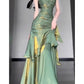 Vintage Green Spaghetti Strap Ruffle Design Elegant A-line Satin Evening Dress Prom Dress D1598