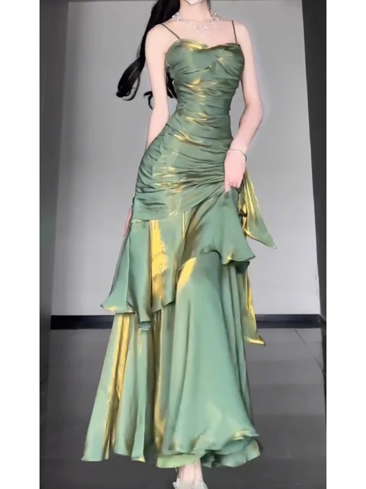 Vintage Green Spaghetti Strap Ruffle Design Elegant A-line Satin Evening Dress Prom Dress D1598