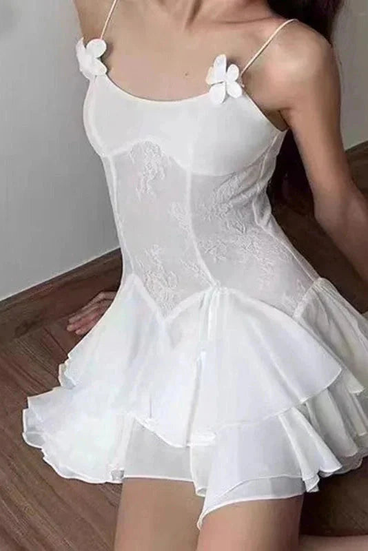 Stunning Homecoming Dress Spaghetti Strap Flower Cascade A-Line Back to School Outfits Party Dress D7933