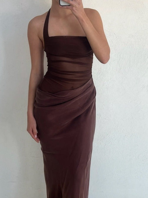Simple Dark Khaki Halter Dress Design A-line Tulle Women Party Dress, D1407