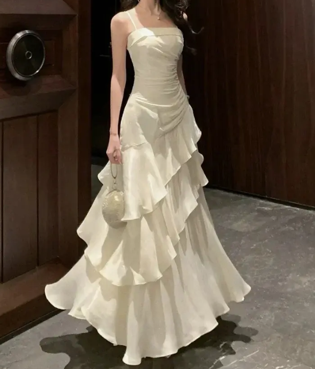 Spaghetti Straps Sheath Chiffon White Long Party Dress Birthday Outfits MD7659