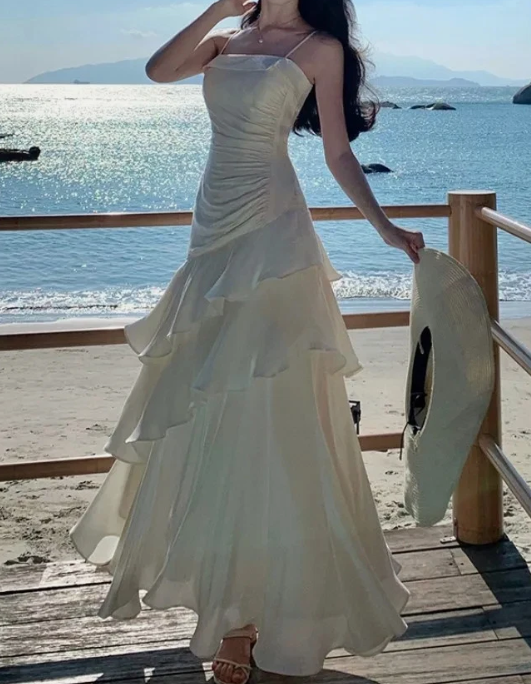 Spaghetti Straps Sheath Chiffon White Long Party Dress Birthday Outfits MD7659