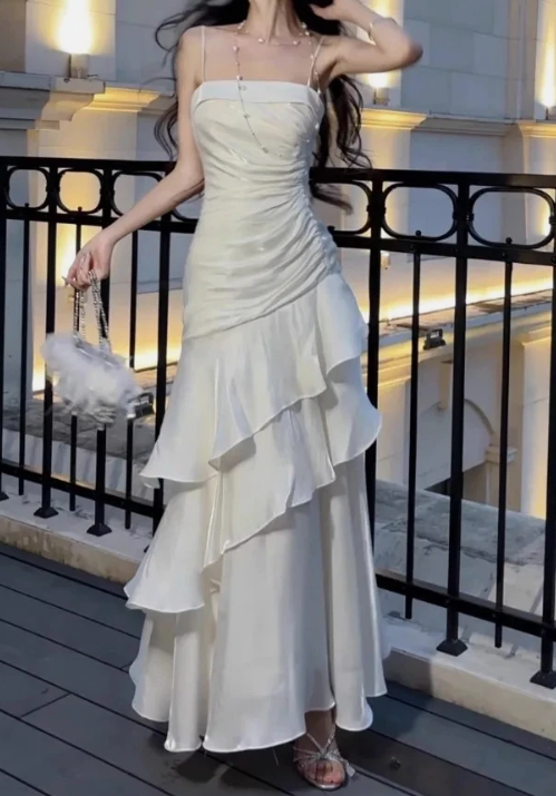Spaghetti Straps Sheath Chiffon White Long Party Dress Birthday Outfits MD7659