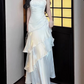 Spaghetti Straps Sheath Chiffon White Long Party Dress Birthday Outfits MD7659
