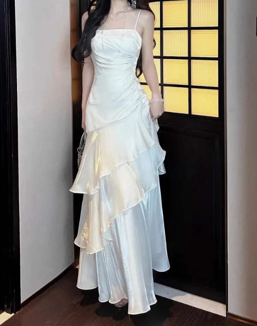 Spaghetti Straps Sheath Chiffon White Long Party Dress Birthday Outfits MD7659