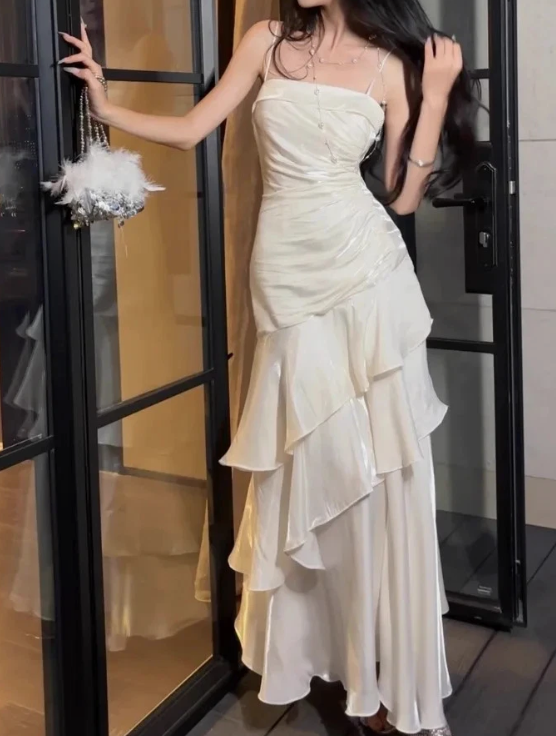 Spaghetti Straps Sheath Chiffon White Long Party Dress Birthday Outfits MD7659