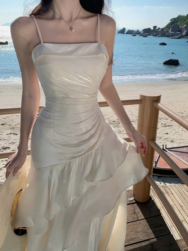 Spaghetti Straps Sheath Chiffon White Long Party Dress Birthday Outfits MD7659
