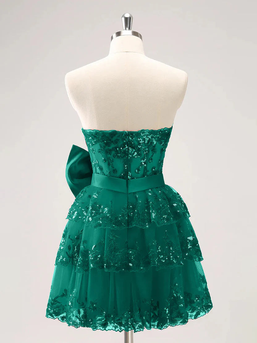 Stunning Homecoming Dress Sweetheart Lace Sequins Applique Cascade Bowknot Back to School Outfits Party Dress D7925