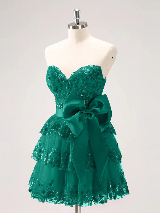 Stunning Homecoming Dress Sweetheart Lace Sequins Applique Cascade Bowknot Back to School Outfits Party Dress D7925