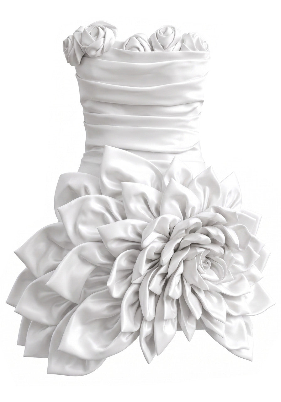 Stunning Homecoming Dress Strapless Flower Pleated Cascade Back to School Outfits Party Dress D7902