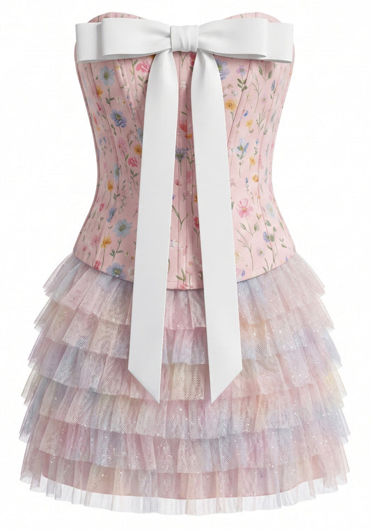 Unique Homecoming Dress Strapless Tulle Sequins Bowknot Cascade Two Pieces Back to School Outfits Party Dress D7797