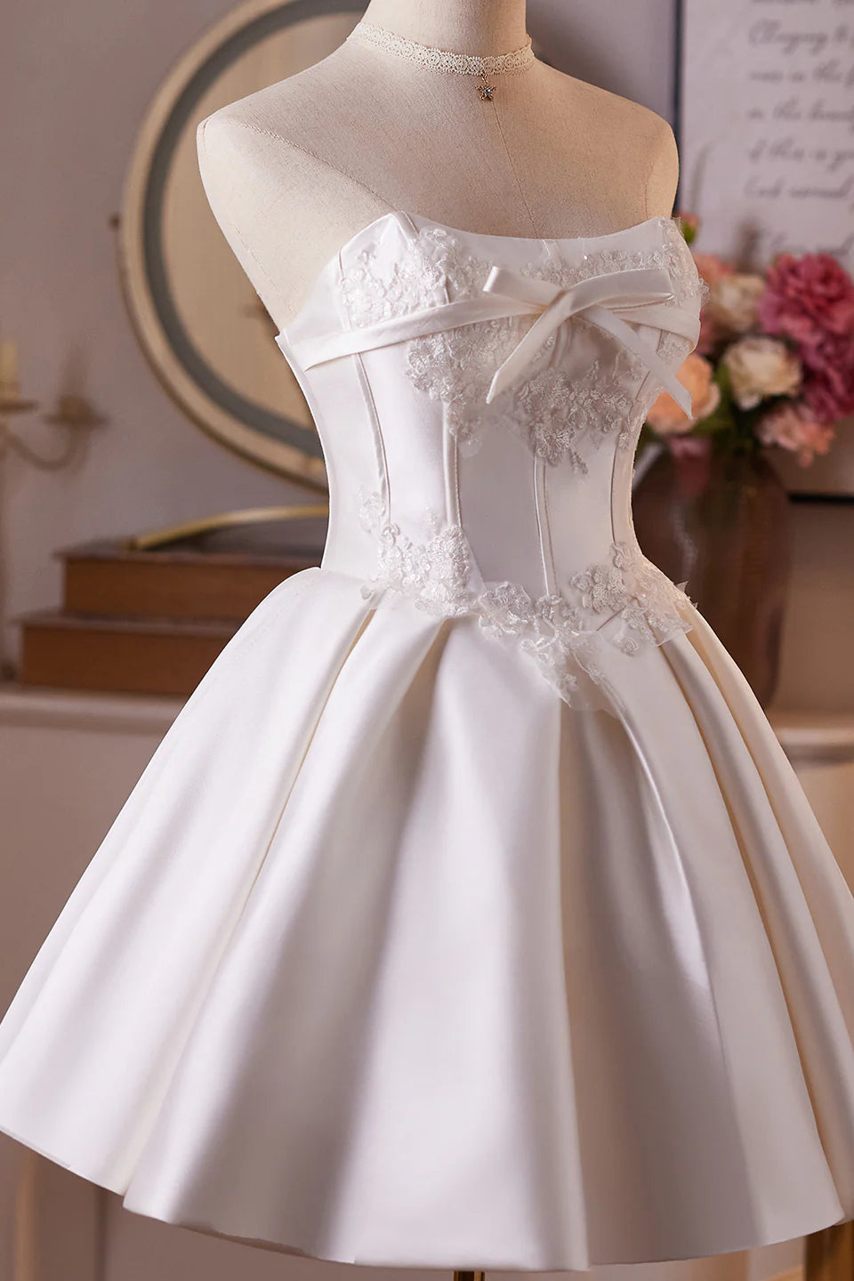 Unique Homecoming Dress Strapless Bowknot Applique Back to School Outfits Party Dress D7755