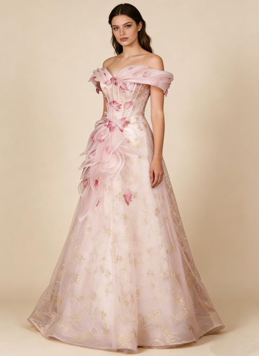 Robe de bal trapèze époustouflante à épaules dénudées et imprimé floral, robe de soirée, robe de fête d'anniversaire D3306