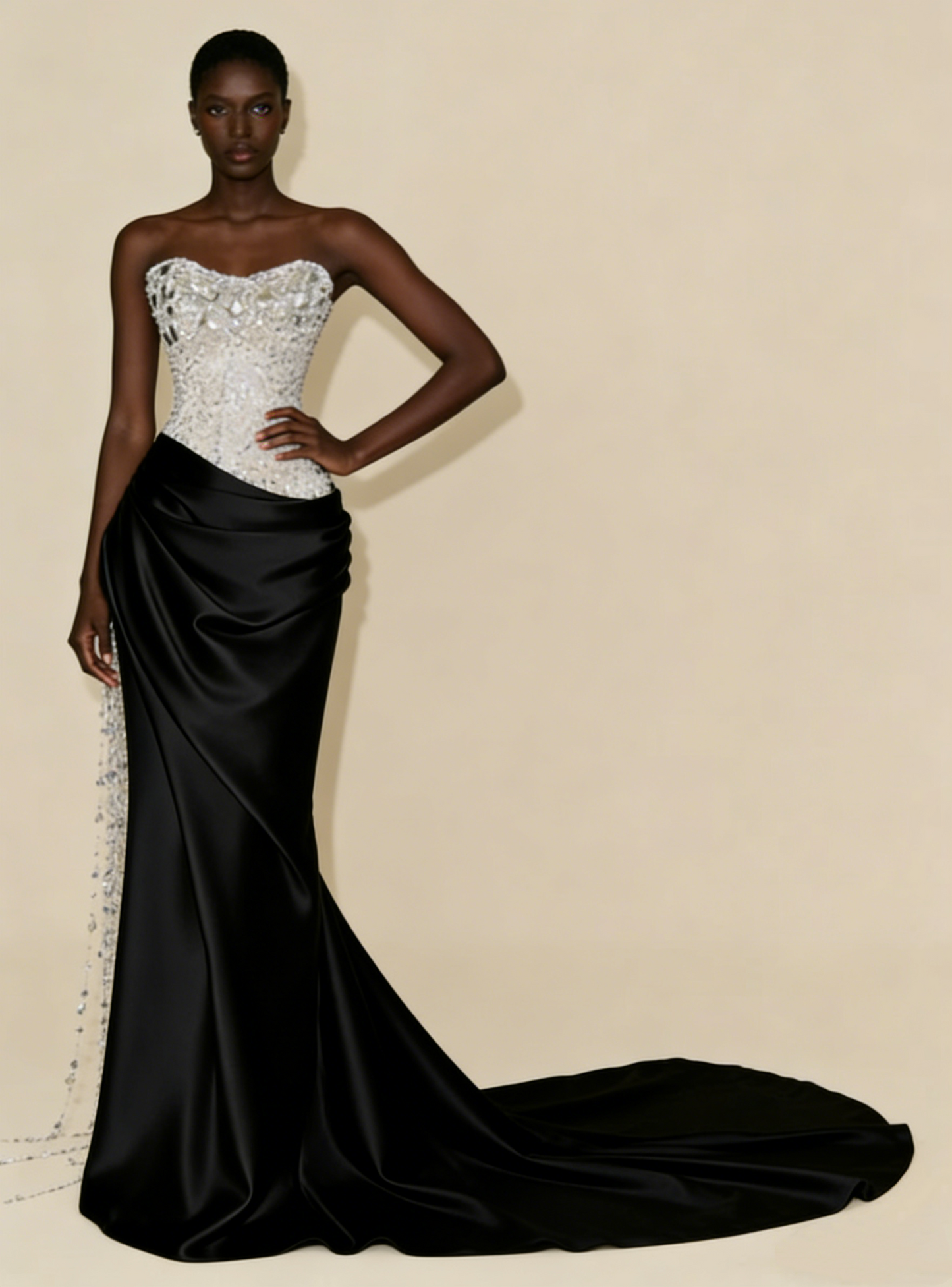 Stunning Strapless Sheath Satin Beaded Long Evening Party Dress Birthday Outfits, D980