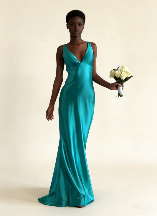 Robe de soirée longue sirène en satin turquoise, dos nu et col en V, MD7979