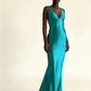Turquoise V Neck Backless Mermaid Satin Long Formal Party Dress, MD7979