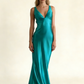 Turquoise V Neck Backless Mermaid Satin Long Formal Party Dress, MD7979